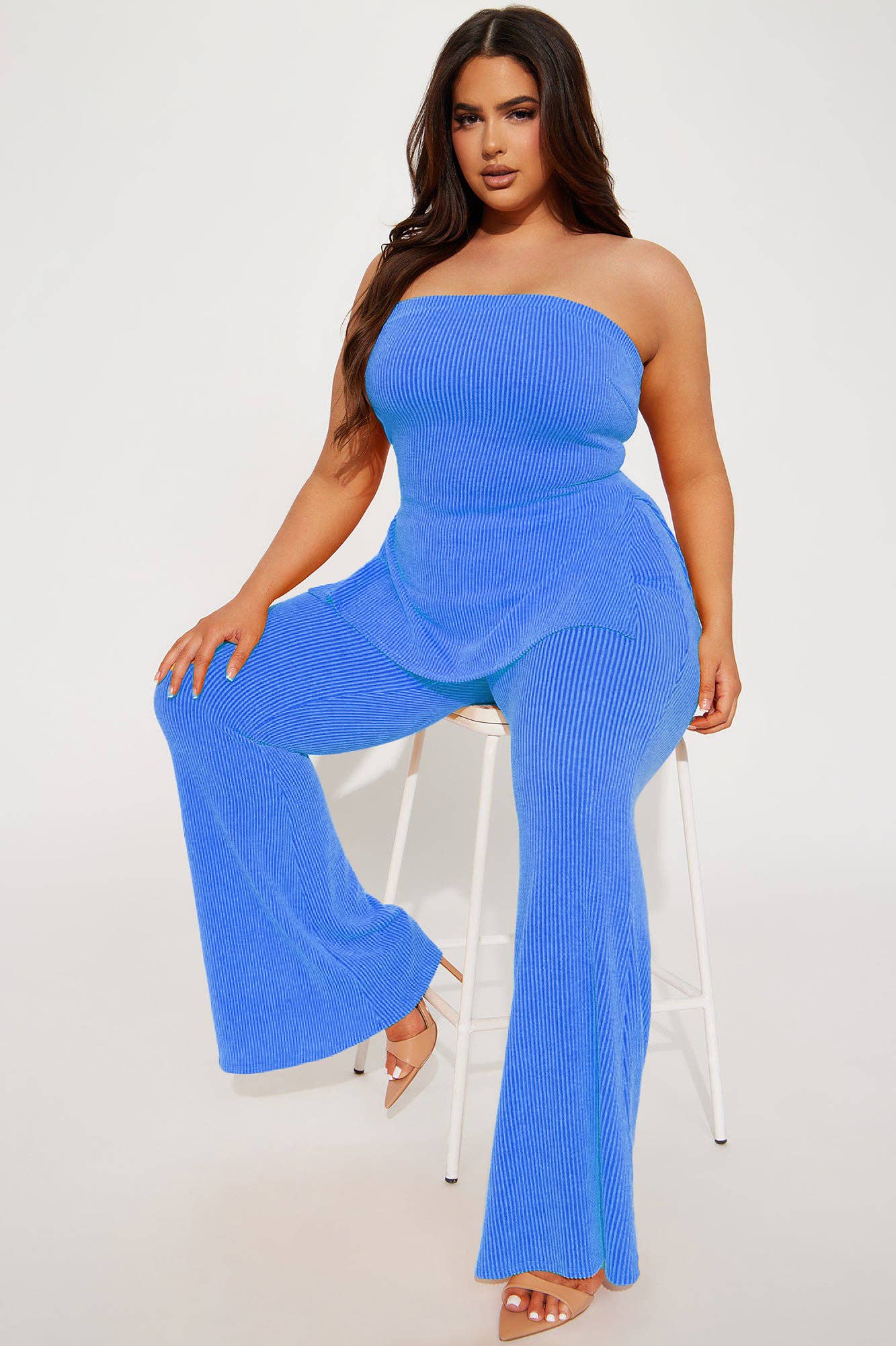 Rib Knit Tube Top and Flare Pants Set