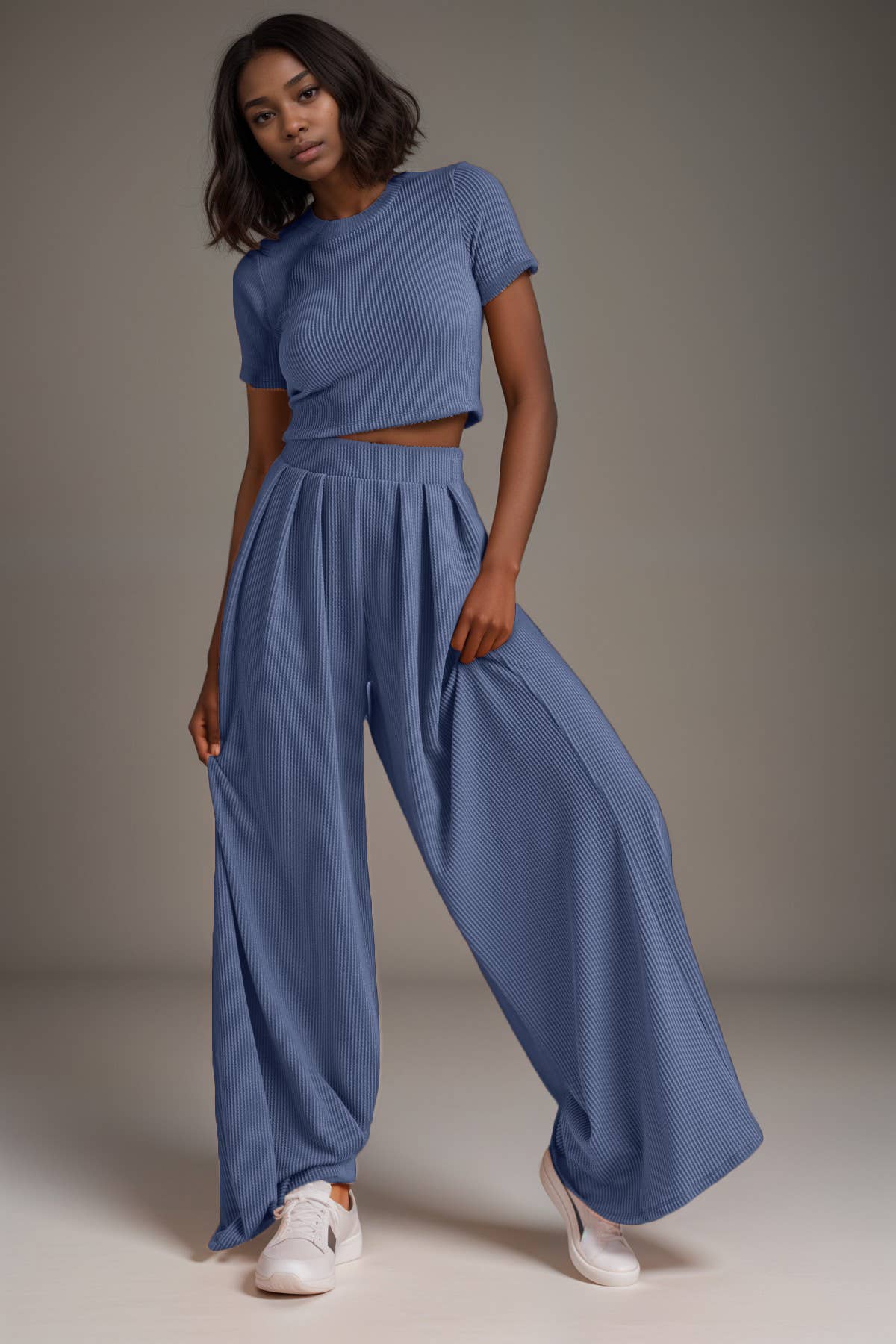 RIBBED CROP TOP & WIDE LEG PANTS SET