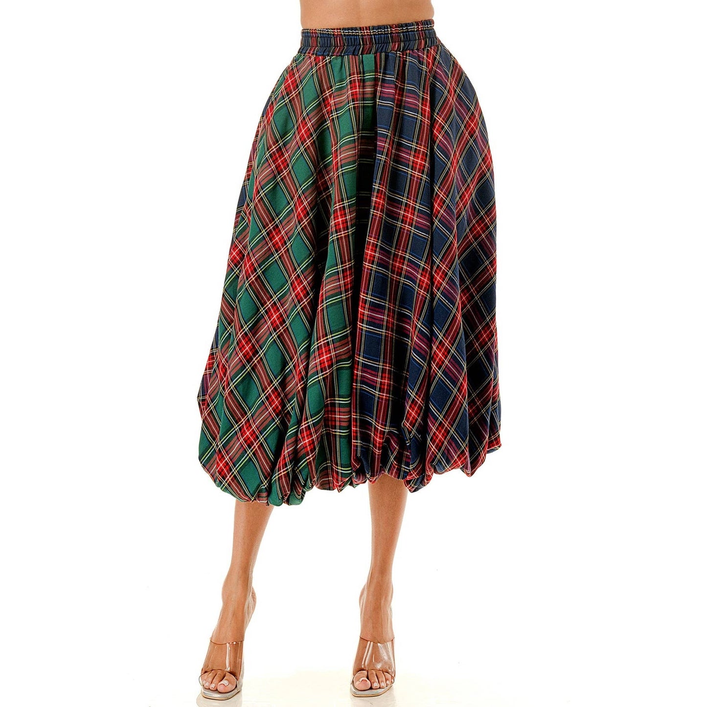 Plus Elastic Waist Plaid Bubble Midi Skirt