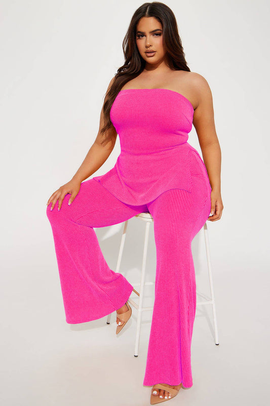 Rib Knit Tube Top and Flare Pants Set