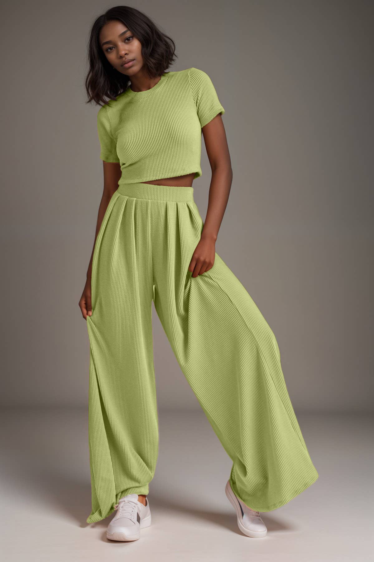RIBBED CROP TOP & WIDE LEG PANTS SET