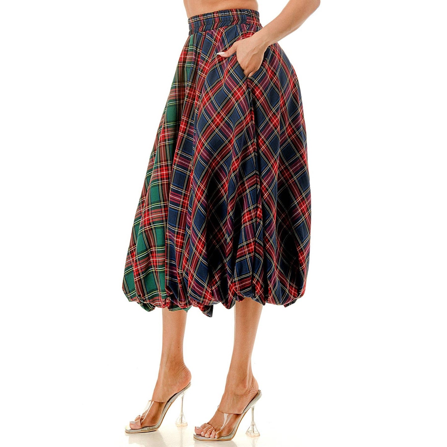 Plus Elastic Waist Plaid Bubble Midi Skirt