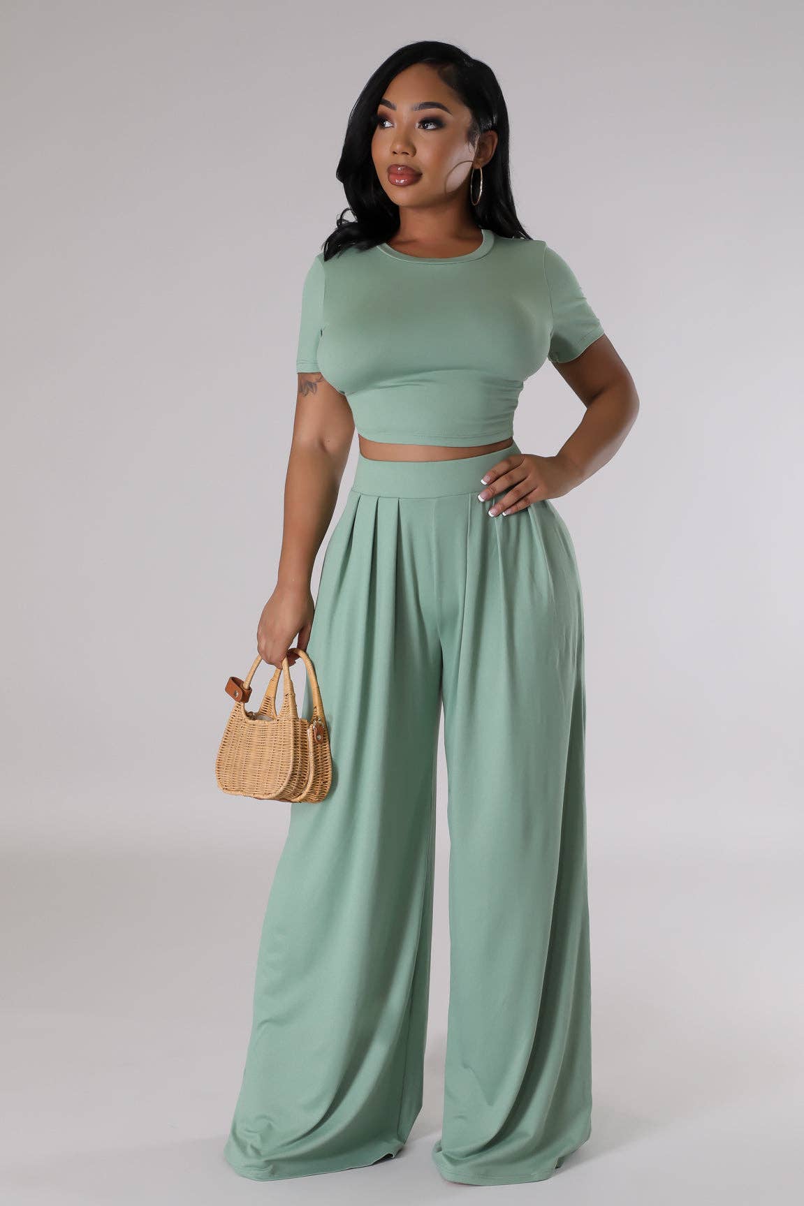 CROPPED TOP AND WIDE LEG PANTS SET
