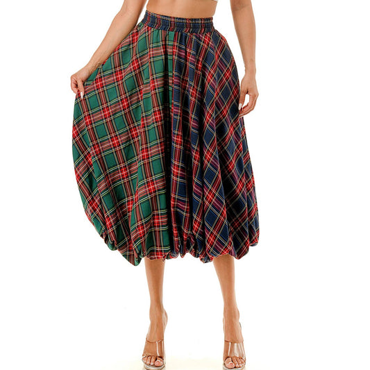 Plus Elastic Waist Plaid Bubble Midi Skirt