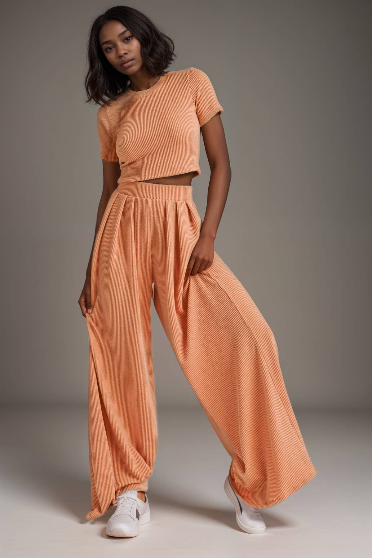 RIBBED CROP TOP & WIDE LEG PANTS SET