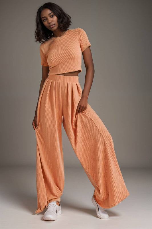 RIBBED CROP TOP & WIDE LEG PANTS SET