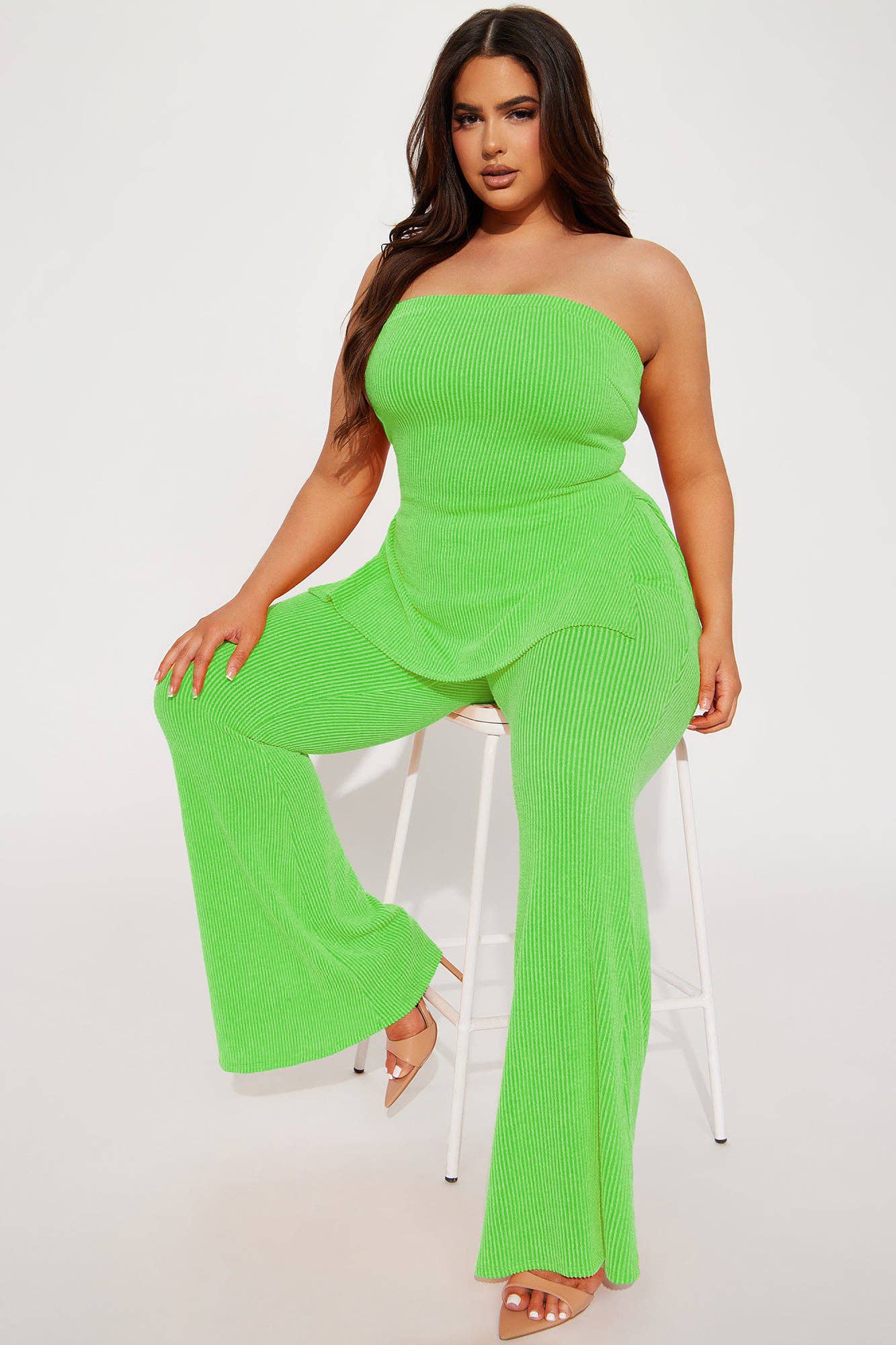 Rib Knit Tube Top and Flare Pants Set
