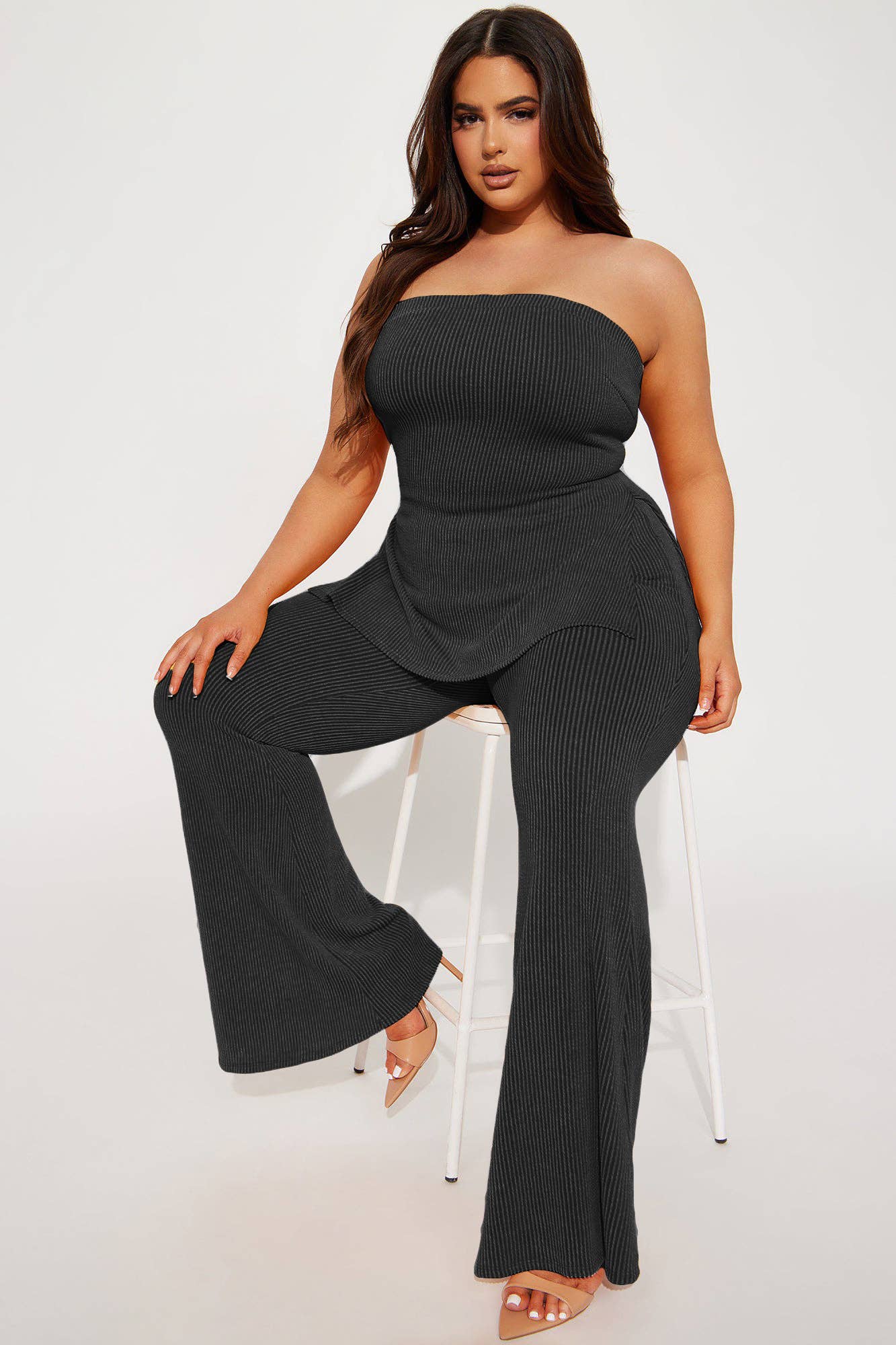 Rib Knit Tube Top and Flare Pants Set