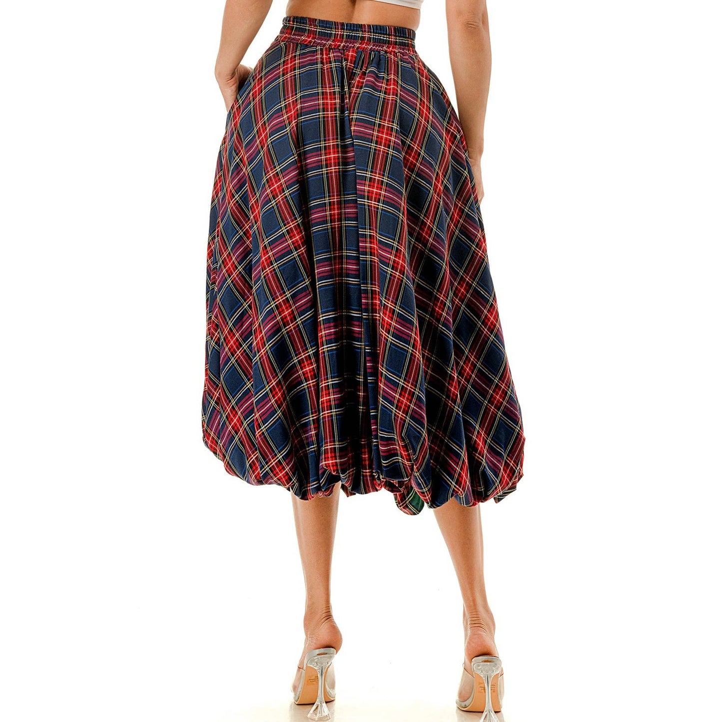 Plus Elastic Waist Plaid Bubble Midi Skirt